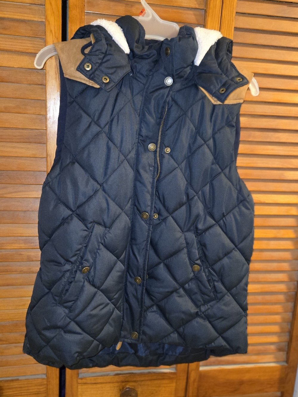 H&M LOGG Women’s 12 Navy Quilted Puffer Vest Faux Suede Plaid Lined